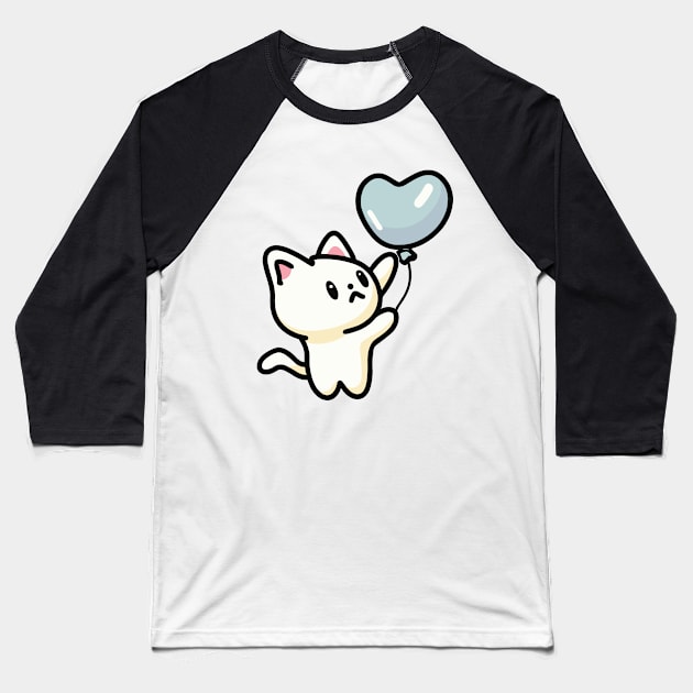 Cute Cat Holding Heart Shaped Blue Balloon Baseball T-Shirt by Kawaii Bomb